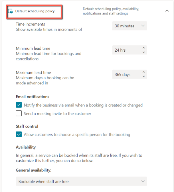Default scheduling policy - Microsoft Bookings